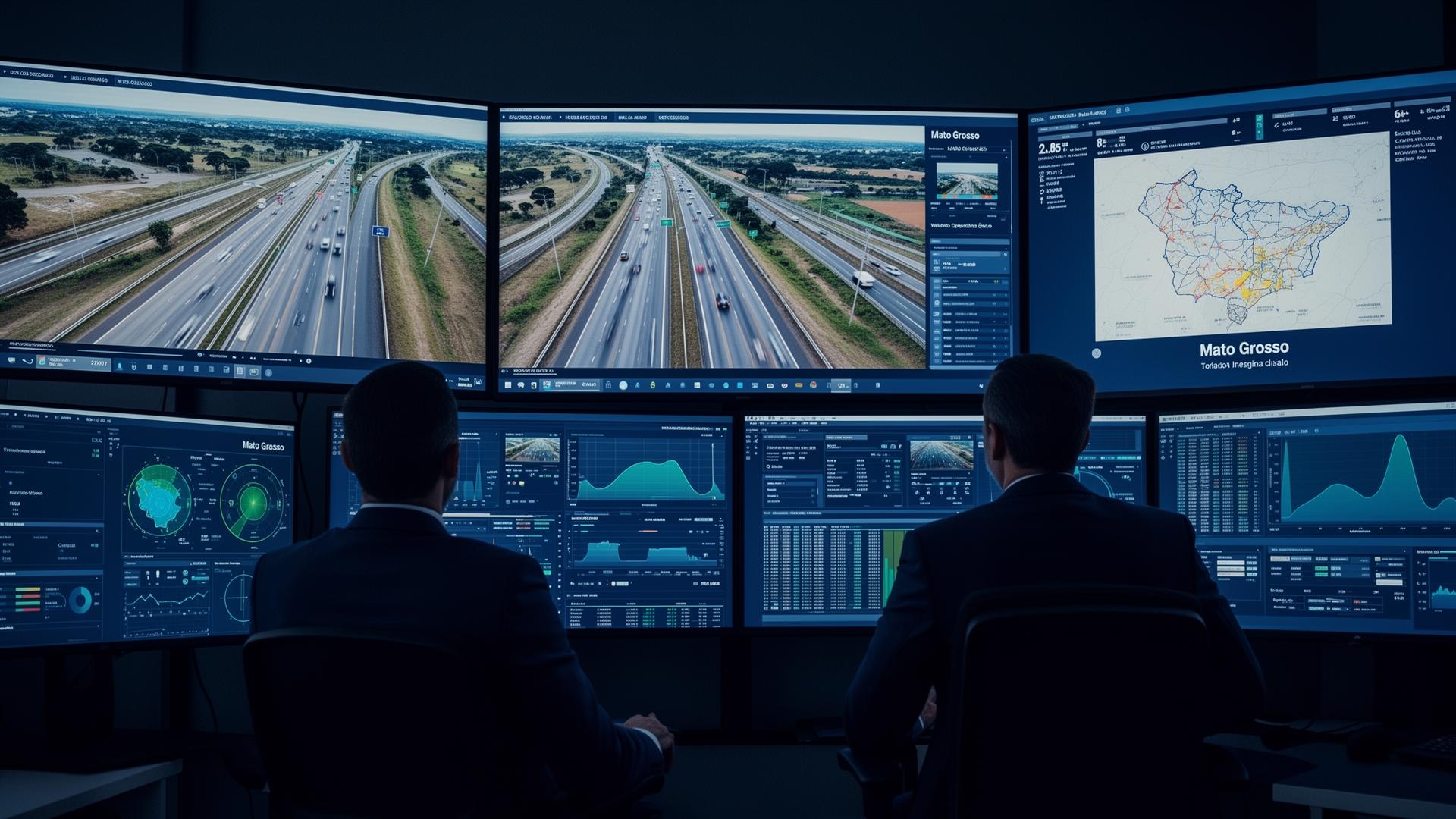 Centro de controle rodoviário com executivos analisando indicadores