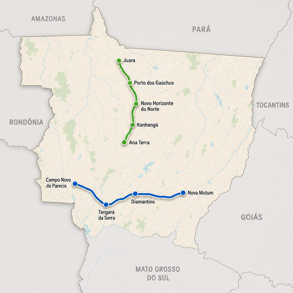 Mapa de Mato Grosso com rodovias da concessão Rotas MT