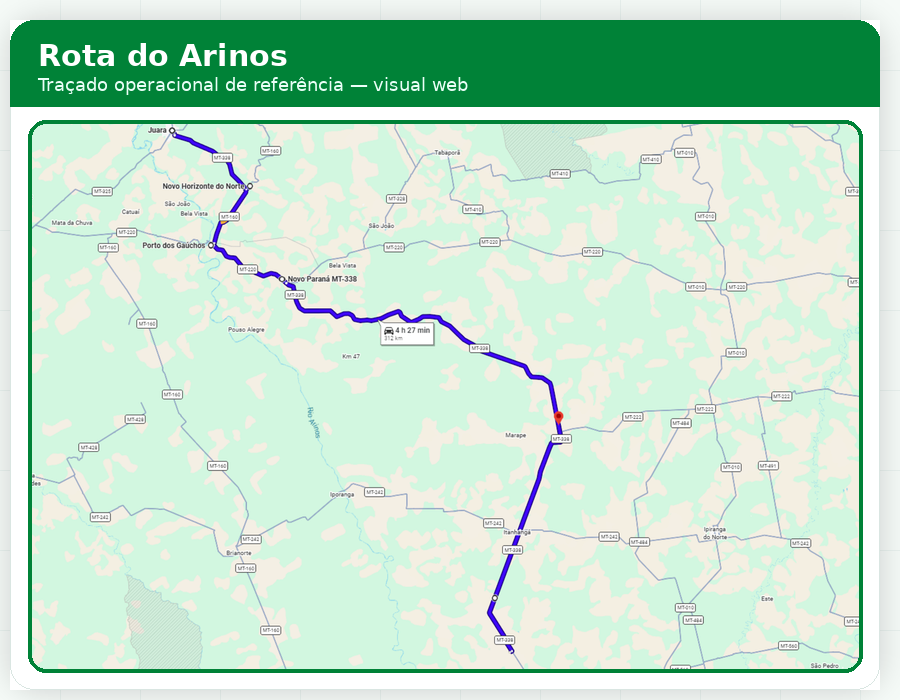 Mapa Google da Rota do Arinos em Mato Grosso